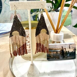 Beaded Fringe Dangle Earrings in Brown and Cream